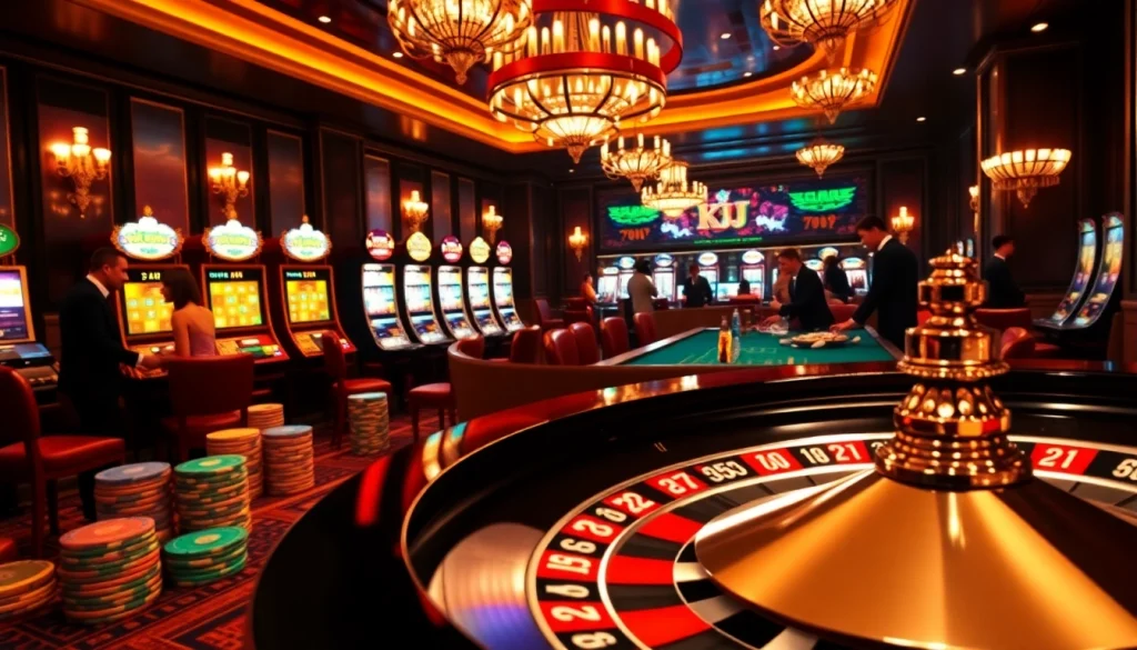 KJC-themed casino scene with poker chips and sophisticated players in a luxury setting