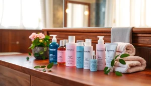 Kosmetika aukščiausios kokybės produktai demonstruojami elegantiškame vonios kambaryje.