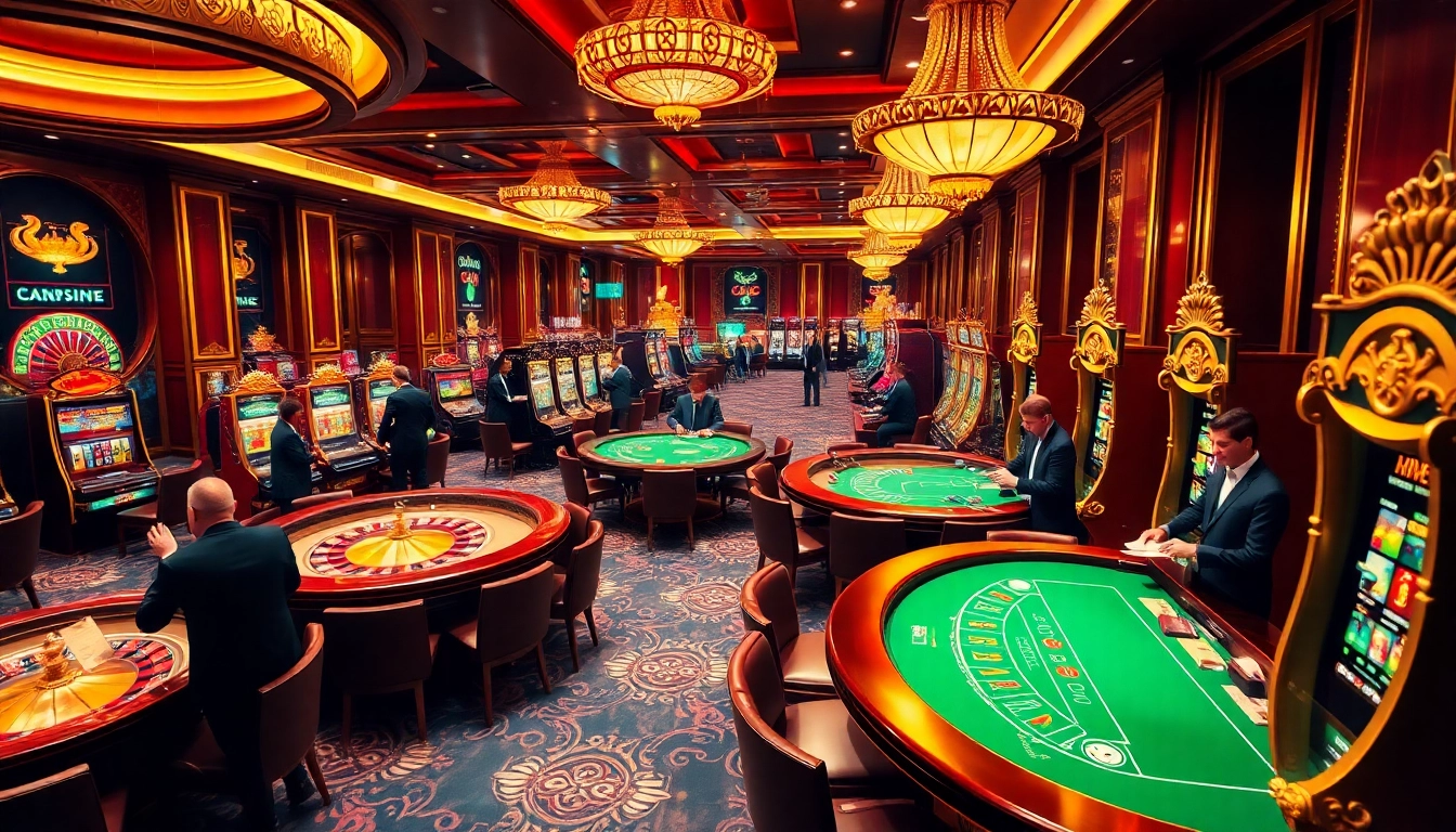 Players enjoying a vibrant casino game session at KJC, showcasing excitement around roulette and poker tables.