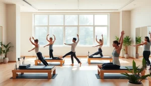 台東区・東京のモダンなスタジオで行われる魅力的なピラティスクラス。多様な参加者と運動機器を紹介。