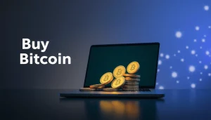 Acheter bitcoin avec un porte-monnaie numérique sur un ordinateur portable, symbolisant la finance moderne.