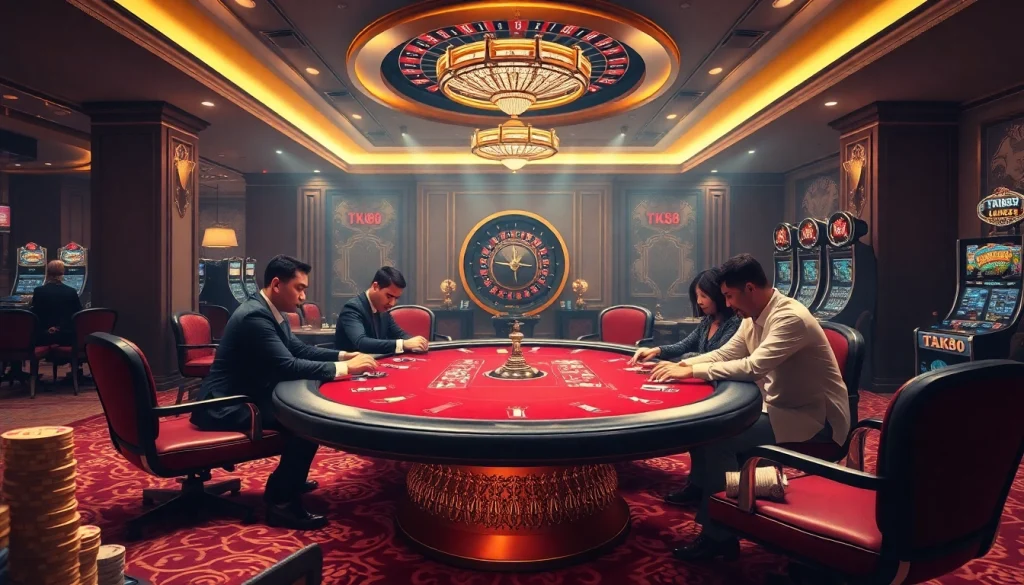Engaging poker game scene highlighting TK88 with luxurious casino atmosphere.