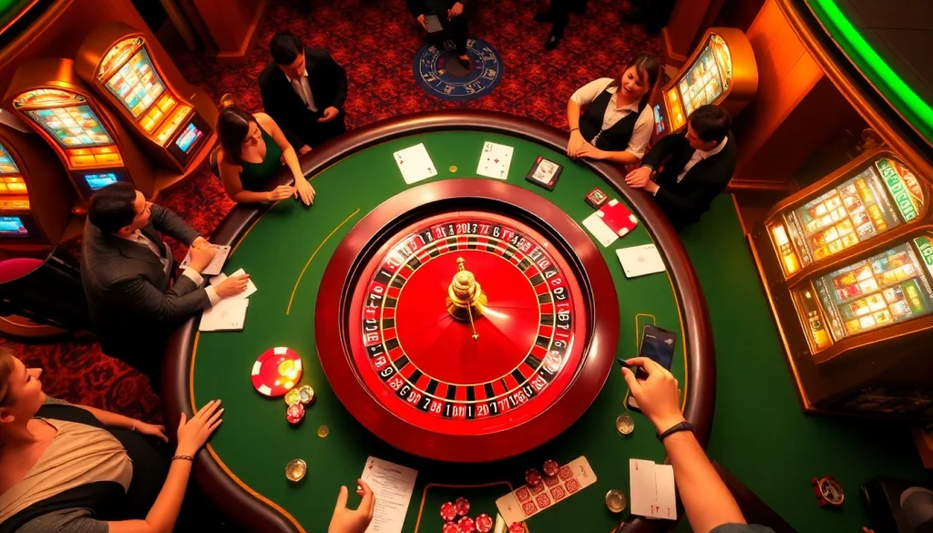 Engage with the thrilling atmosphere of gambling at https://kkwin.diy/ featuring poker chips and a roulette wheel.