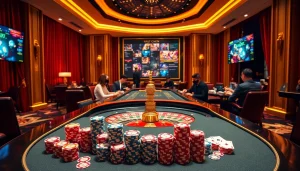 Experience the thrill of gambling at Nhà cái 32win with an exquisite casino setting featuring roulette and poker.