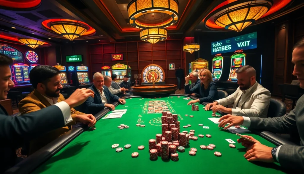 Players engage in high-stakes poker at hbbet's luxurious casino, showcasing thrilling gaming action.