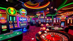 Players engaging with GO99-themed casino games, highlighting excitement and high stakes betting.