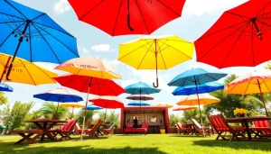 Skėčiai su logotipo spauda vaizduojami ryškioje lauko aplinkoje, kur dominuoja stilingi dizainai ir įvairios spalvos.