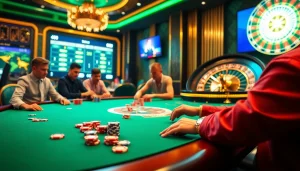 Players at MM88 enjoy an exhilarating game of poker with vibrant chips and a spinning roulette wheel.