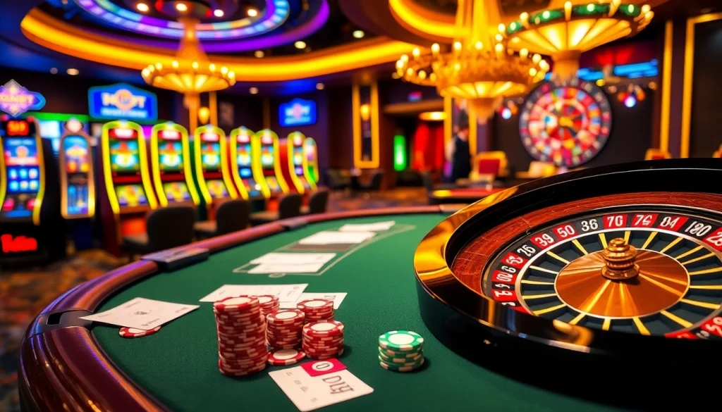 S88bet players engaging with vibrant slot machines and poker tables in a luxurious online casino setting.