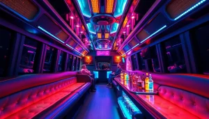 Party bus with bar and lighting, showcasing a vibrant interior with LED lights and plush seating.
