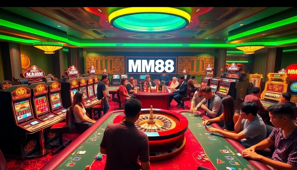 Experience the excitement of MM88 at a vibrant casino scene with colorful slot machines and intense poker action.