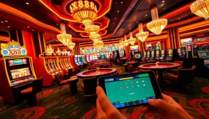 Exciting gameplay at x88 casino with vibrant slot machines and poker tables full of action.