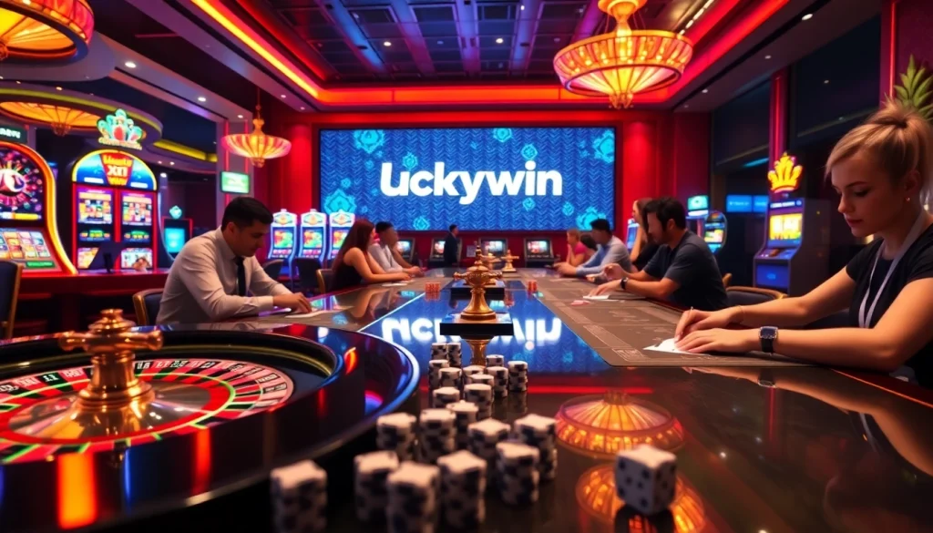 Experience the thrilling atmosphere at Luckywin with excited players and vibrant casino gaming elements.