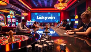 Experience the thrilling atmosphere at Luckywin with excited players and vibrant casino gaming elements.
