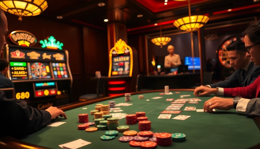 Players enjoying a high-stakes game at a casino table, with vibrant NK88-themed poker chips.