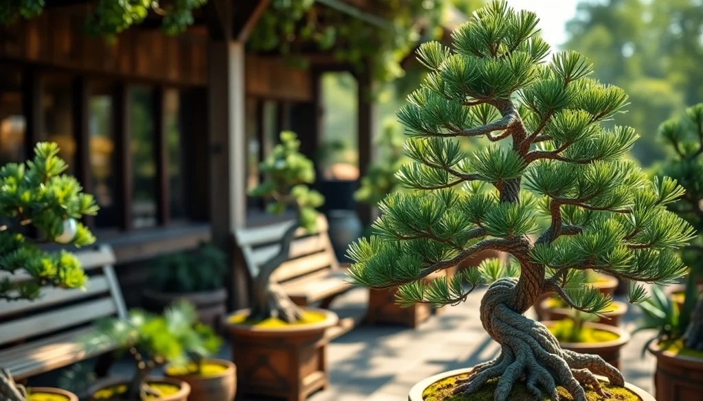 Pine bonsai trees featured prominently in a tranquil outdoor nursery, highlighting the beauty of BOTOL169 growth.