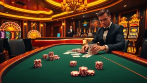 Experience excitement at https://gk88.in.net/ with a luxurious casino scene showcasing poker and roulette.
