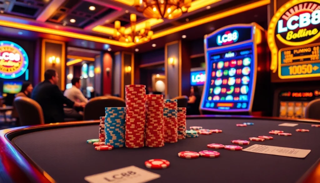 Players engaging intensely at an LC88 poker table surrounded by vibrant casino elements.