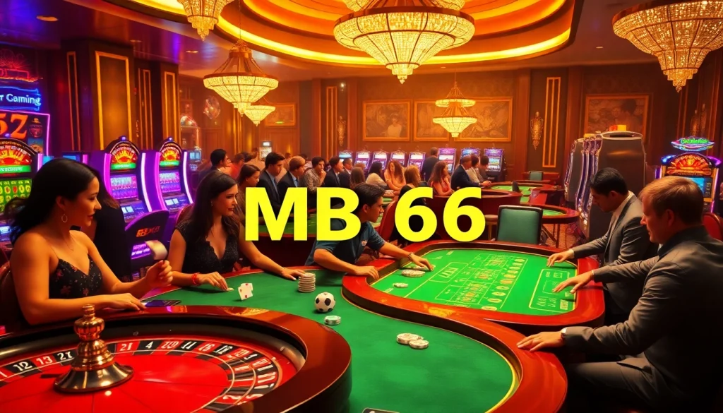 Players strategically engage in high-stakes gambling at MB66 casino tables, showcasing luxury and excitement.