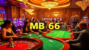Players strategically engage in high-stakes gambling at MB66 casino tables, showcasing luxury and excitement.