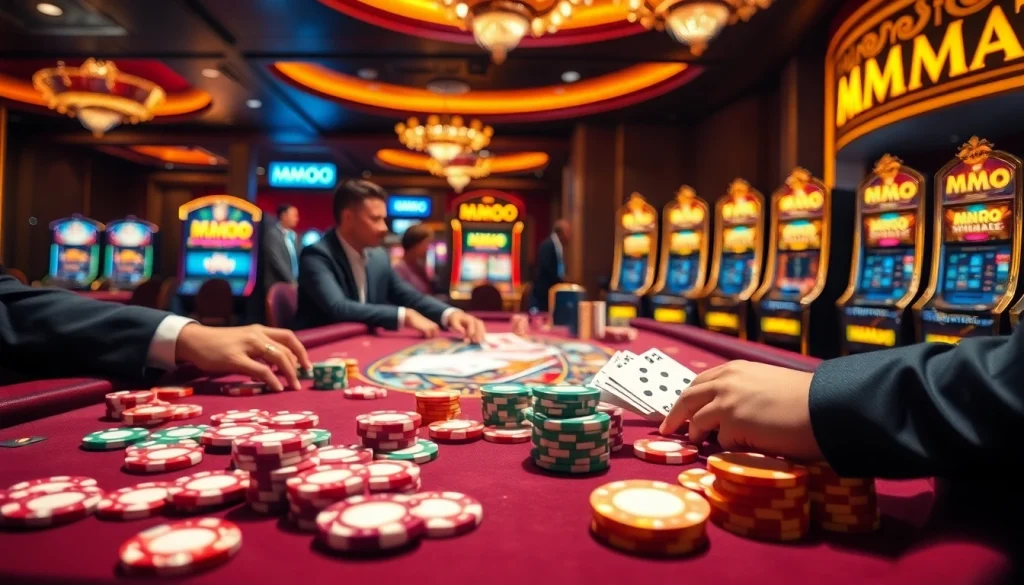 MMOO casino scene featuring vibrant poker chips and players at a game table.