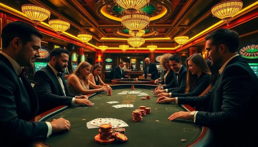 Experience the vibrant excitement of a luxury casino with kjc, featuring poker chips and players at a high-stakes table.