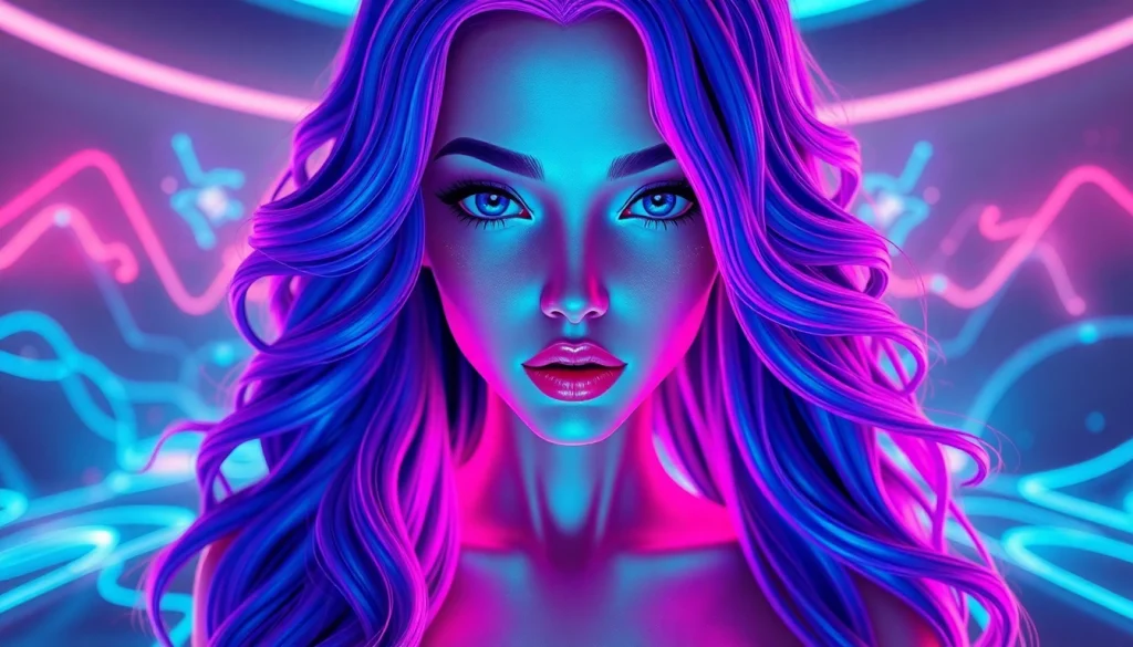 Engaging NSFW AI character in a vibrant futuristic setting with neon colors.