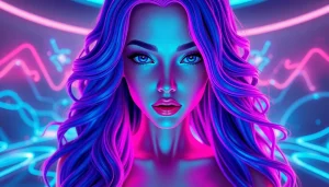 Engaging NSFW AI character in a vibrant futuristic setting with neon colors.