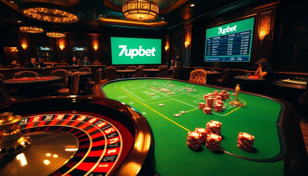 Engage with 7upbet at a luxurious casino featuring a roulette wheel and vibrant poker action.