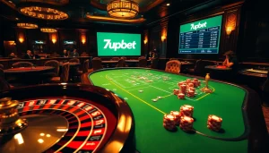 Engage with 7upbet at a luxurious casino featuring a roulette wheel and vibrant poker action.