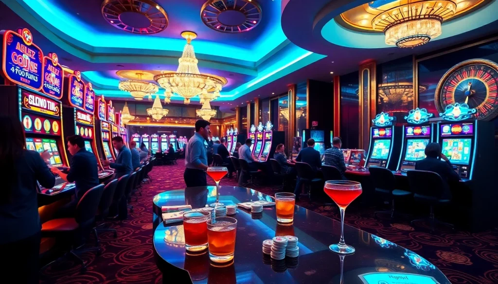 Pemain yang antusias menikmati mesin slot depo pulsa dalam suasana kasino yang meriah.