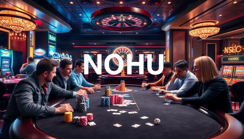Engage in an exciting poker game at the NOHU casino, surrounded by vibrant slot machines and cocktails.