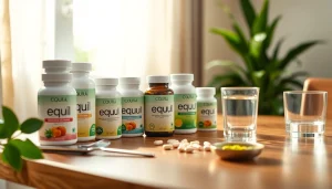 木製のテーブルの上に表示されたエクオールサプリメントのトップランキング、ウェルネスと健康を促進。