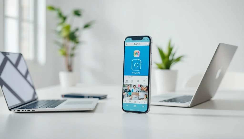 InstaPro app displayed on a smartphone in a modern workspace.