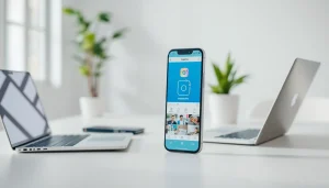 InstaPro app displayed on a smartphone in a modern workspace.