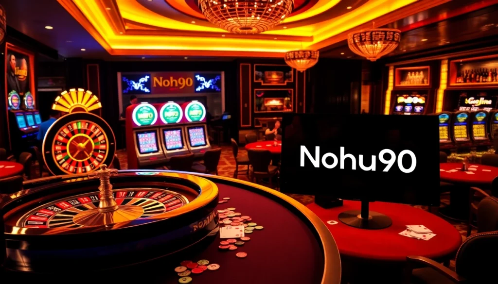 Engage with Nohu90 at a vibrant casino featuring roulette, poker tables, and slot machines.