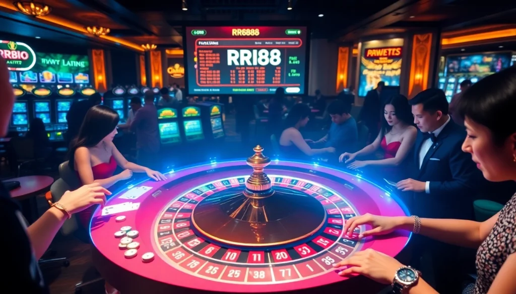 RR88 roulette table action with players betting in a vibrant casino atmosphere.
