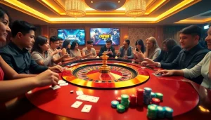 Xôi Xoài TV energizes a luxury casino scene with roulette, cards, and excited players.