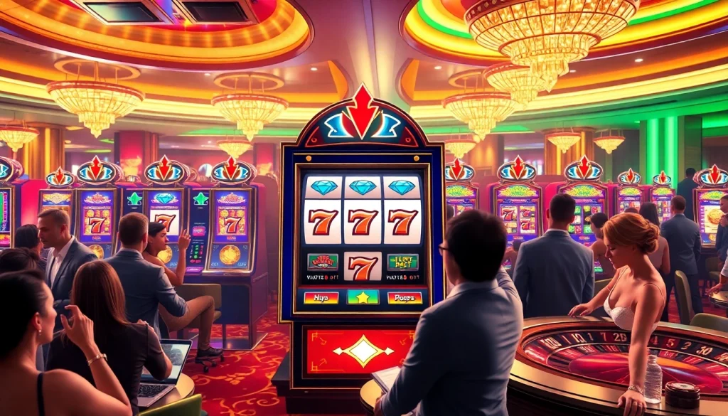 The thrill of spinning a slot machine surrounded by vibrant casino elements and eager players.