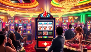 The thrill of spinning a slot machine surrounded by vibrant casino elements and eager players.