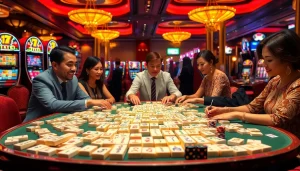 Engage with a thrilling link mahjong game amidst a vibrant casino atmosphere, featuring luxurious tiles.