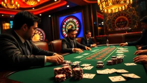 Players strategizing at a poker table in a vibrant casino setting, highlighting indoxxi-themed excitement.