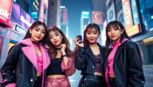blackpink members posing in a vibrant urban setting, showcasing their unique styles and personalities.