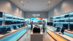 ノートパソコンとPCパーツが並ぶモダンな電子機器店で展開される、魅力的なドスパラ クーポンプロモーションを探索する。