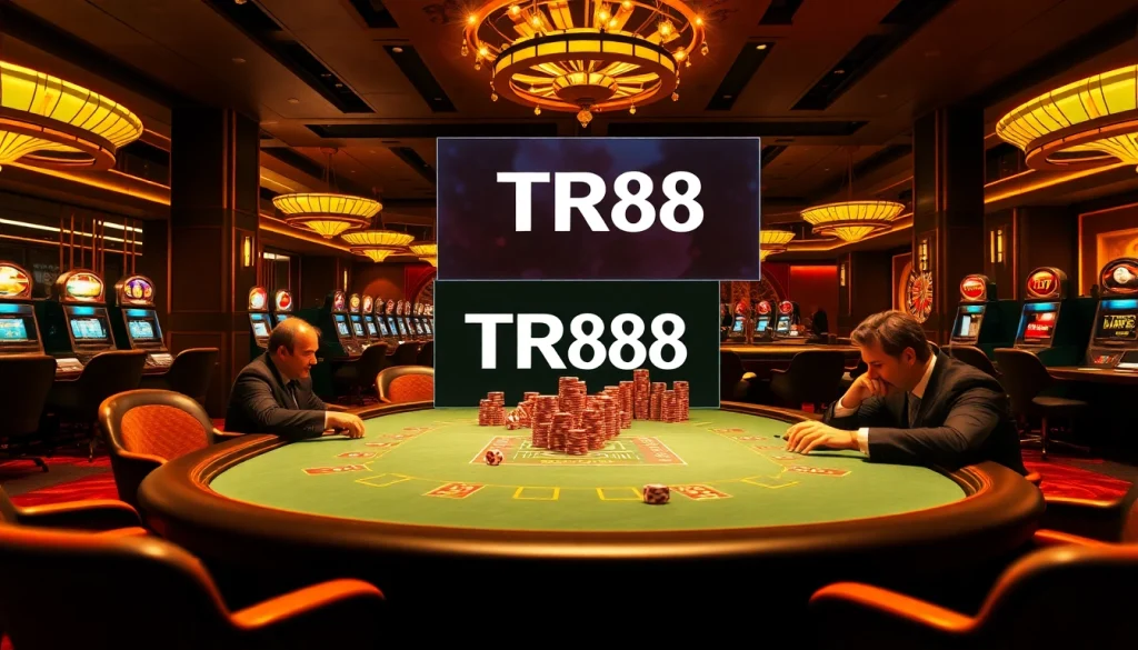 Experience the thrill of gaming at TR88 with poker tables and vibrant casino elements.