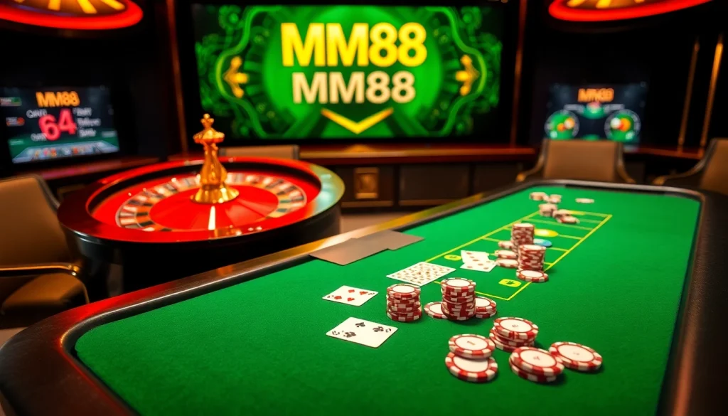 Experience the MM88 online casino ambiance, featuring a luxurious poker table and roulette wheel.