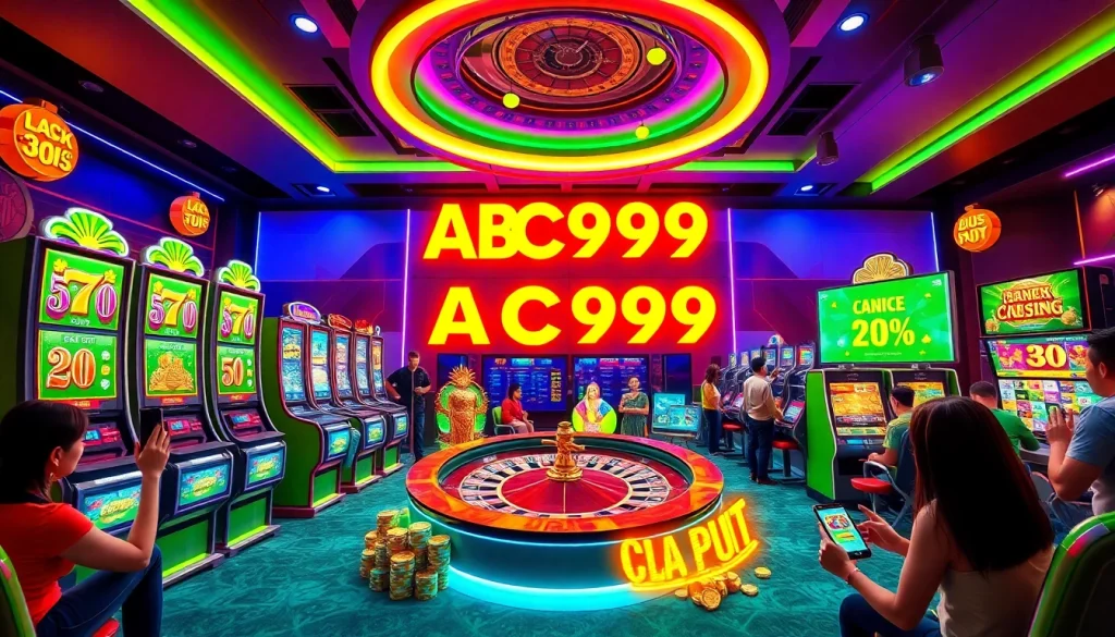 Engaging scene of ABC999 online betting platform with vibrant gaming elements and players enjoying casino games.