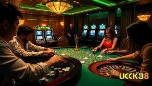 Người chơi LUCK8 đang thưởng thức một ván blackjack đầy hồi hộp tại bàn casino sang trọng, thể hiện sự phấn khích.