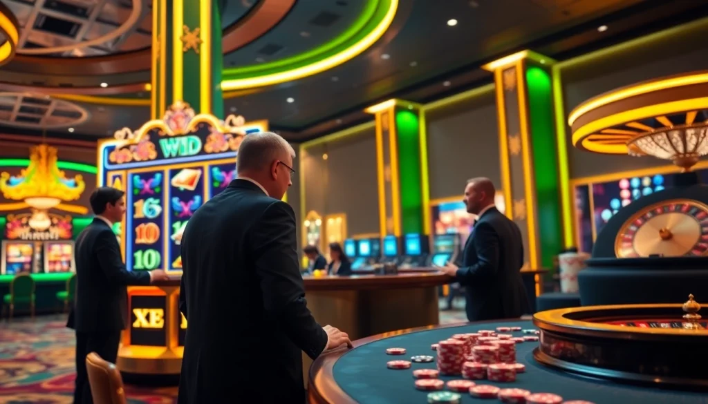 Engaging players enjoying the slot online apiraja88 experience at a luxurious casino environment.