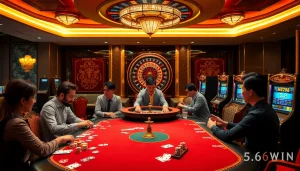 Exciting casino atmosphere showcasing Trang Chủ 56WIN with vibrant tables and engaging players.